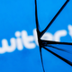 An image of Twitter's name and logo reflected in a broken mirror.